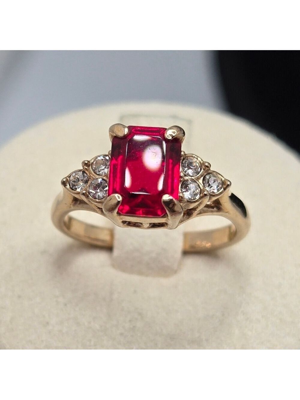 Ruby Red Gem & Clear Crystal Gold-Tone Ring Size 5.75